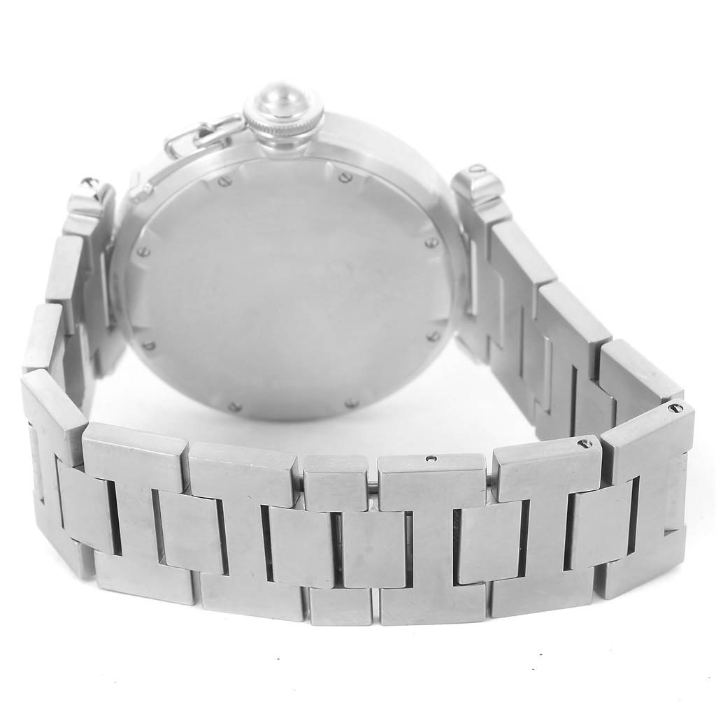 The image shows the back case and bracelet of a Cartier Pasha W31055M7 Stainless Steel White Dial W31055M7 Stainless Steel White Dial watch, photographed from the rear angle.