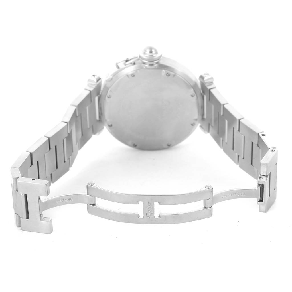 The image shows the open clasp and back of the Cartier Pasha W31055M7 Stainless Steel White Dial W31055M7 Stainless Steel White Dial watch, highlighting its stainless steel bracelet and case.