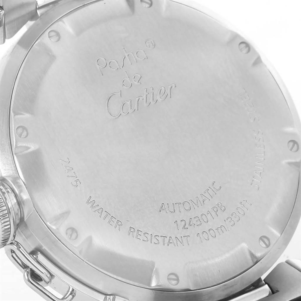 This image shows the back case of a Pasha de Cartier watch, highlighting its engravings and water resistance specification.