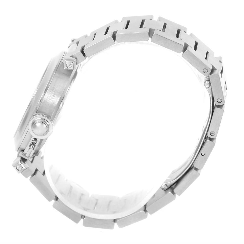 This image shows a side view of the Cartier Pasha W31055M7 Stainless Steel White Dial W31055M7 Stainless Steel White Dial watch, highlighting its bracelet and case side profile.