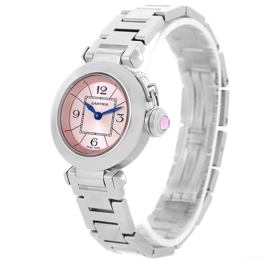 This image shows a Cartier Pasha W3140008 Women's Stainless Steel Pink Dial W3140008 Women's Stainless Steel Pink Dial watch at a slight angle, highlighting its pink dial, silver case, blue hands, and metal bracelet.