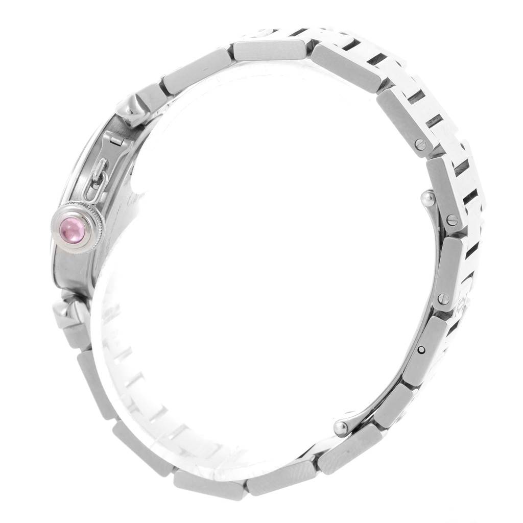 This image shows the side profile of a Cartier Pasha W3140008 Women's Stainless Steel Pink Dial W3140008 Women's Stainless Steel Pink Dial watch, highlighting the bezel, crown with a pink gem, and the metal bracelet.