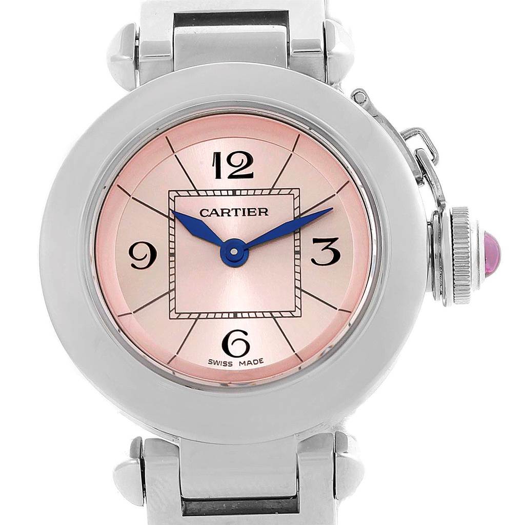 This image shows a close-up, front-facing view of a Cartier Pasha W3140008 Women's Stainless Steel Pink Dial W3140008 Women's Stainless Steel Pink Dial watch, highlighting the dial, hands, and crown.