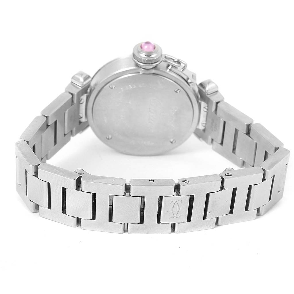 This image shows the back of a Cartier Pasha W3140008 Women's Stainless Steel Pink Dial W3140008 Women's Stainless Steel Pink Dial watch, highlighting the back case and metal bracelet.