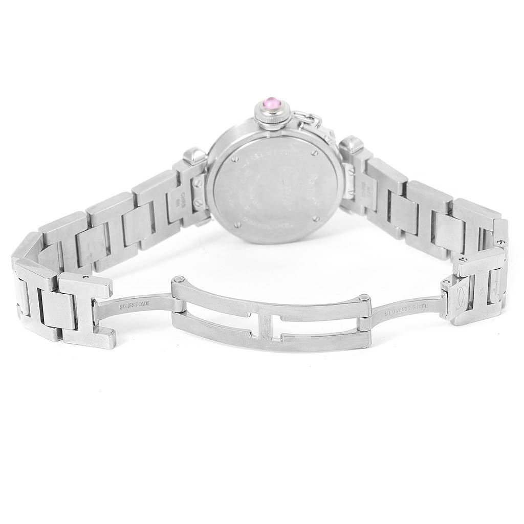 The image shows the backside and opened clasp of a Cartier Pasha W3140008 Women's Stainless Steel Pink Dial W3140008 Women's Stainless Steel Pink Dial watch.