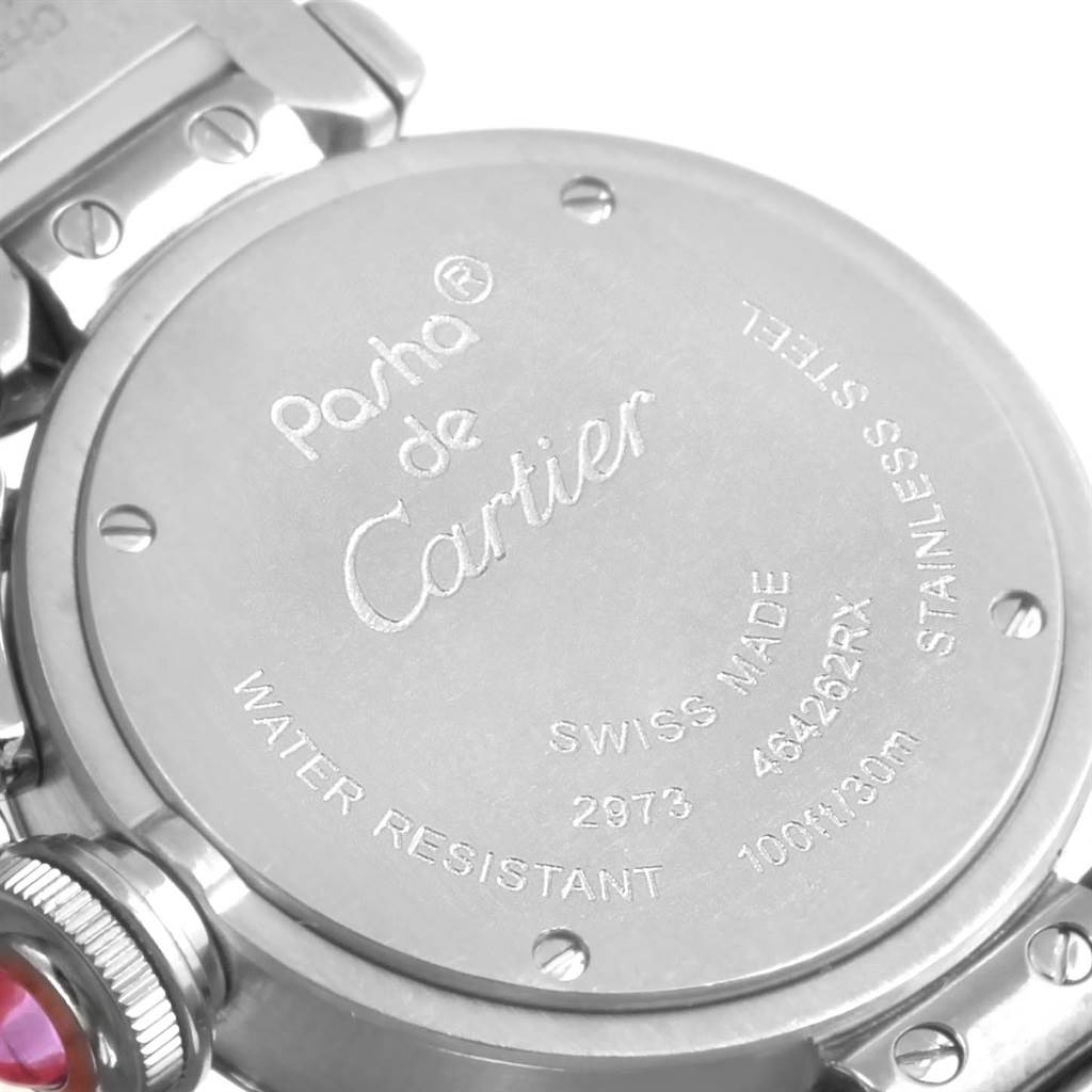 This image shows the back case of a Cartier Pasha W3140008 Women's Stainless Steel Pink Dial W3140008 Women's Stainless Steel Pink Dial model watch.