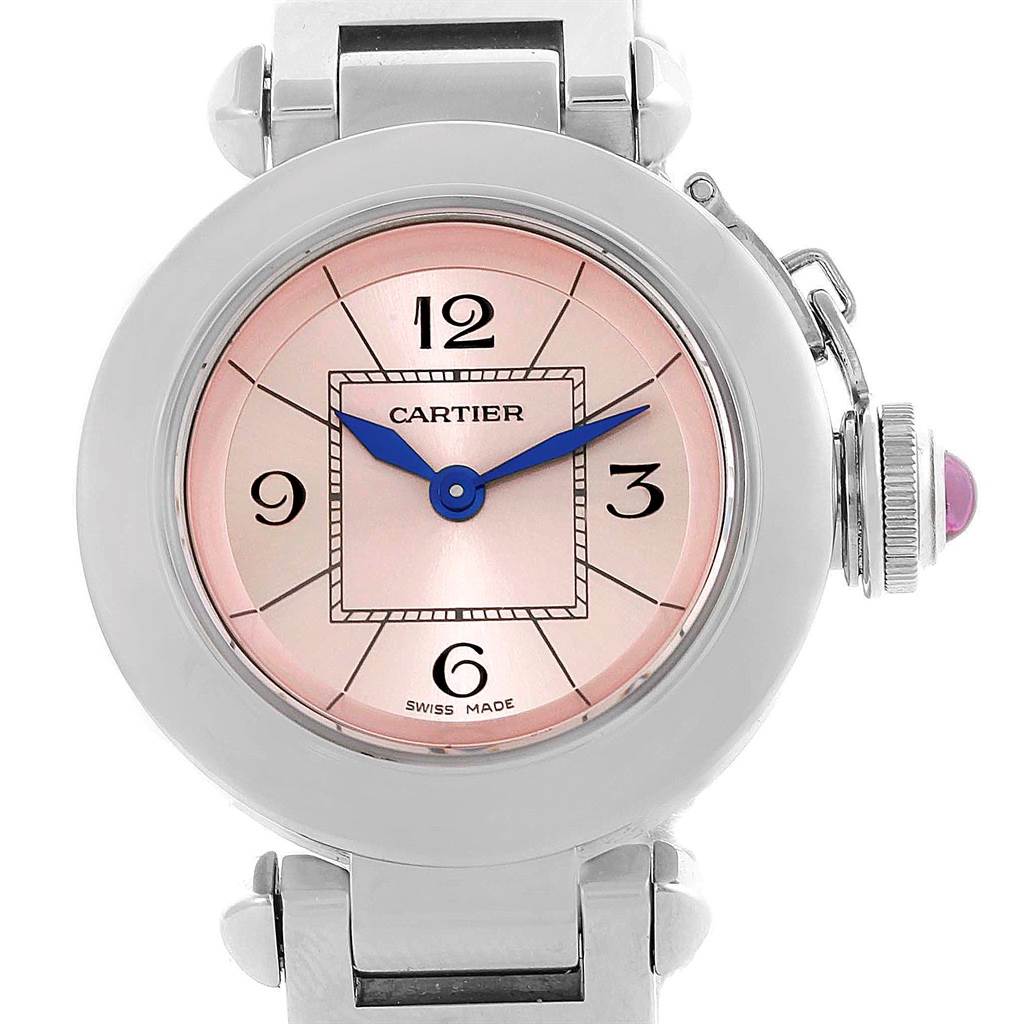 This image shows a front view of the Cartier Pasha W3140008 Women's Stainless Steel Pink Dial W3140008 Women's Stainless Steel Pink Dial watch, highlighting the watch face, crown, and parts of the bracelet.