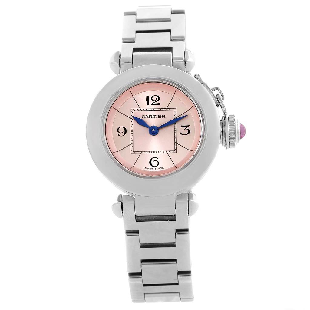 The image shows a frontal view of a Cartier Pasha W3140008 Women's Stainless Steel Pink Dial W3140008 Women's Stainless Steel Pink Dial watch, highlighting its dial and bracelet.