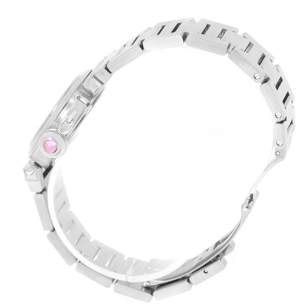 This image shows the side profile of a Cartier Pasha W3140008 Women's Stainless Steel Pink Dial W3140008 Women's Stainless Steel Pink Dial model watch with a detailed view of the bracelet and crown.
