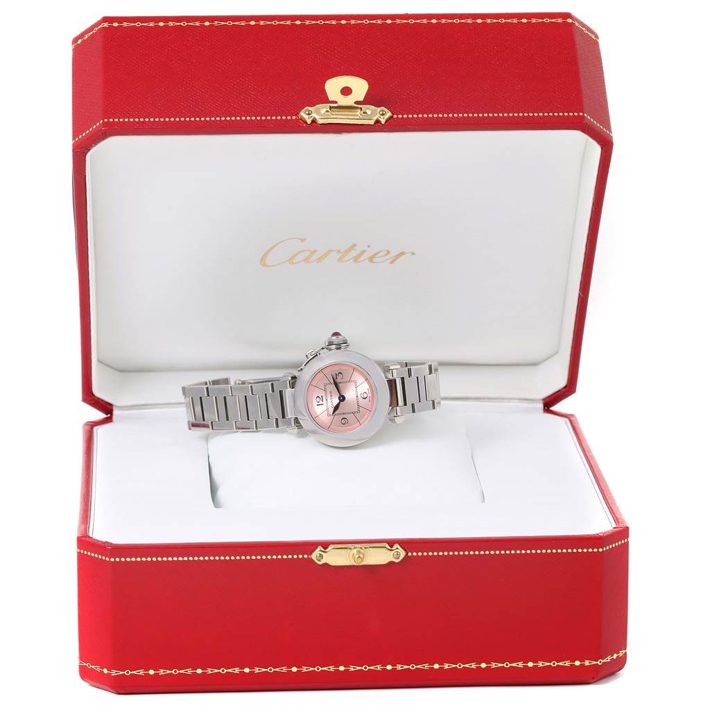 The Cartier Pasha W3140008 Women's Stainless Steel Pink Dial W3140008 Women's Stainless Steel Pink Dial watch is displayed front-facing in an open Cartier box.