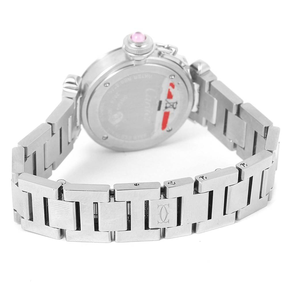 The image shows the back and part of the bracelet of a Cartier Pasha W3140008 Women's Stainless Steel Pink Dial W3140008 Women's Stainless Steel Pink Dial watch, revealing the clasp and case back details.