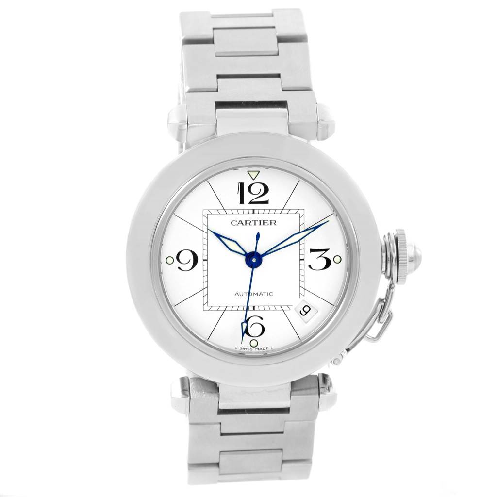 This image shows a front view of a Cartier Pasha W31074M7 Women's Stainless Steel White Dial W31074M7 Women's Stainless Steel White Dial model watch, displaying the face, bezel, and metal bracelet.