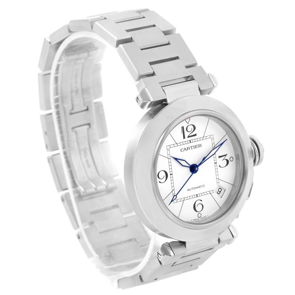 The image shows a Cartier Pasha W31074M7 Women's Stainless Steel White Dial W31074M7 Women's Stainless Steel White Dial watch from a front angle, highlighting the dial, case, and bracelet.