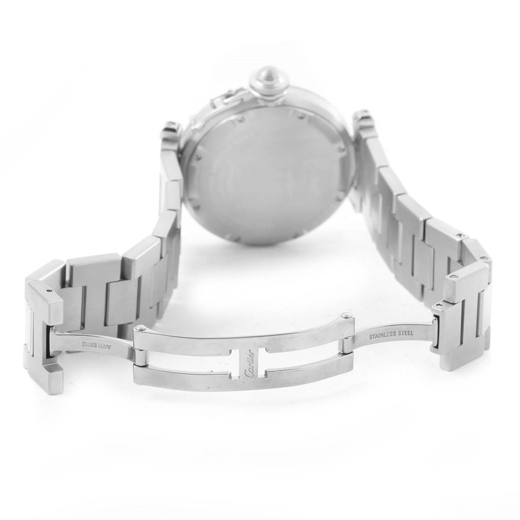 The image shows the opened stainless steel bracelet clasp and back case of the Cartier Pasha W31074M7 Women's Stainless Steel White Dial W31074M7 Women's Stainless Steel White Dial watch, viewed from the rear.