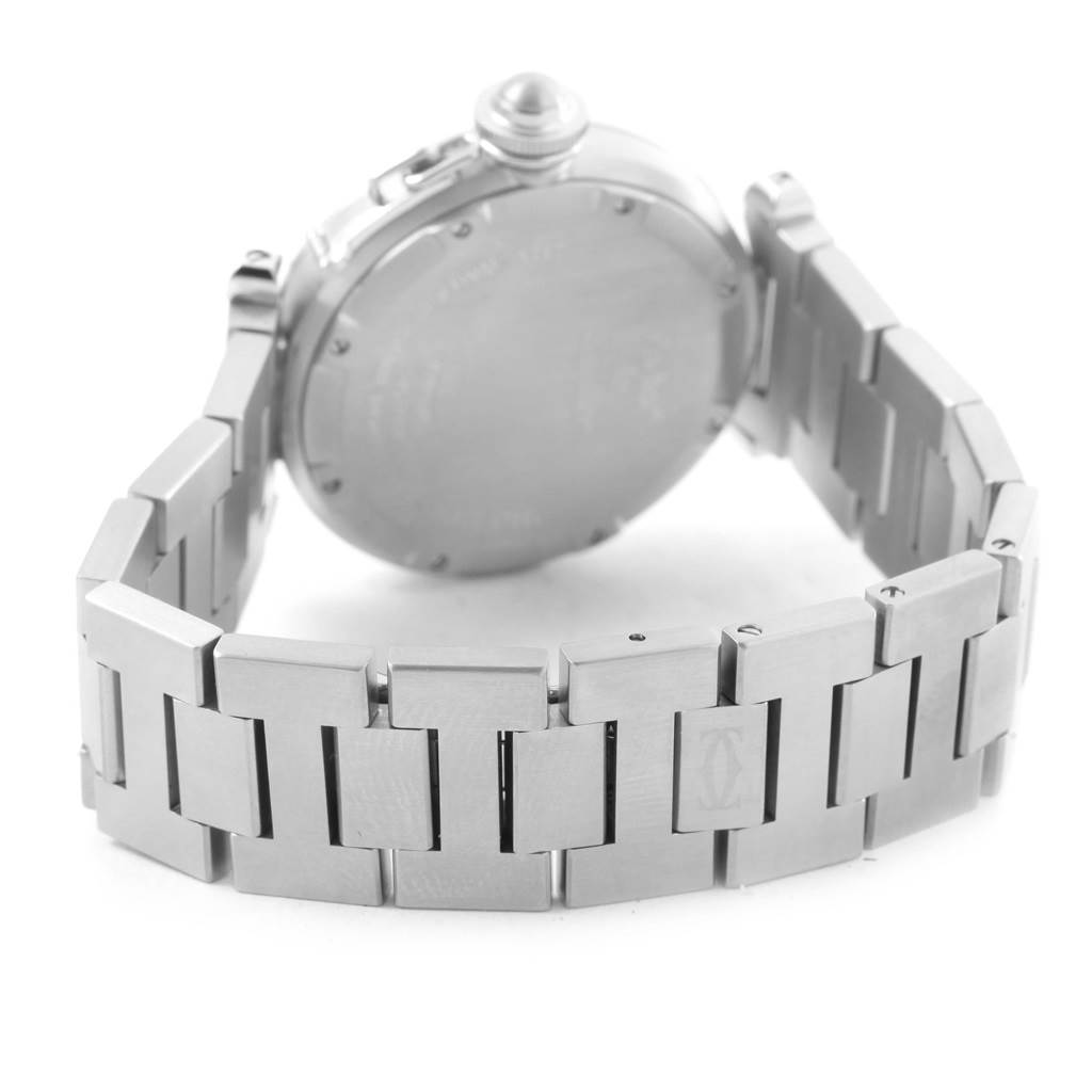 The image shows the rear case and metal bracelet of the Cartier Pasha W31074M7 Women's Stainless Steel White Dial W31074M7 Women's Stainless Steel White Dial watch.