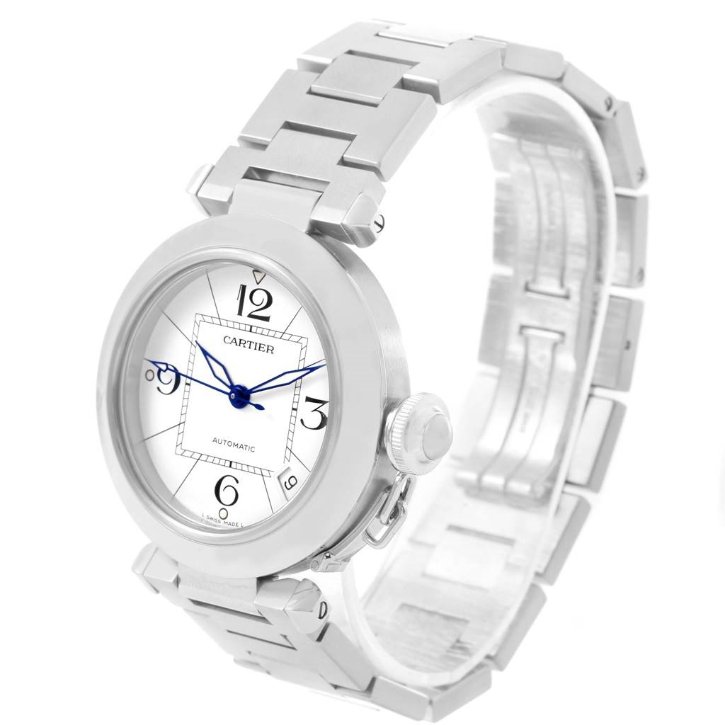 The image shows a Cartier Pasha W31074M7 Women's Stainless Steel White Dial W31074M7 Women's Stainless Steel White Dial watch at a slight angle, highlighting the face, crown, and metal bracelet.