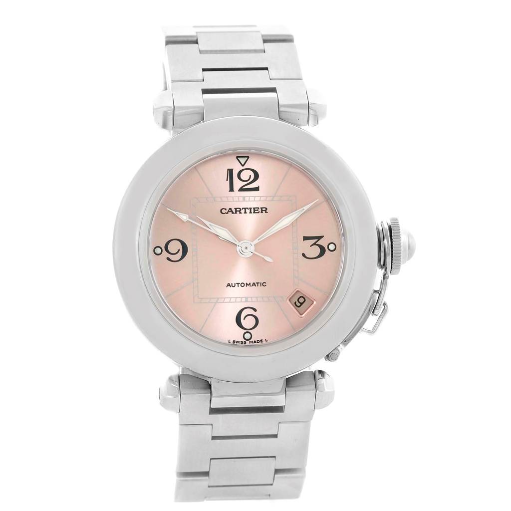 The image shows a front view of a Cartier Pasha W31075M7 Women
s Stainless Steel Pink Dial W31075M7 Women
s Stainless Steel Pink Dial watch, displaying its round face, dial, and metal strap.