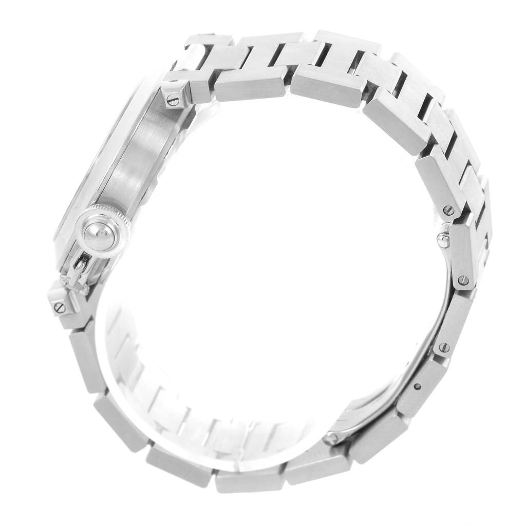 This side view of the Pasha model by Cartier shows the bracelet and case.