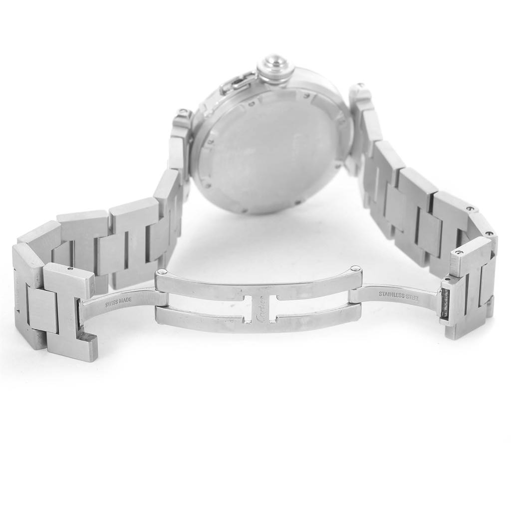 The image shows the back view of a Cartier Pasha W31075M7 Women
s Stainless Steel Pink Dial W31075M7 Women
s Stainless Steel Pink Dial watch with its stainless steel bracelet and clasp.