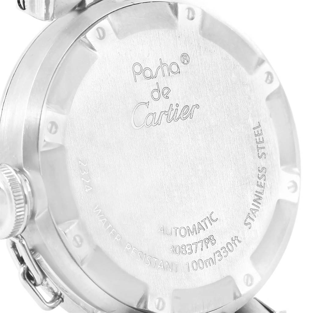 The image shows the back case of the Cartier Pasha W31075M7 Women
s Stainless Steel Pink Dial W31075M7 Women
s Stainless Steel Pink Dial watch at a slight angle, revealing branding and specifications.