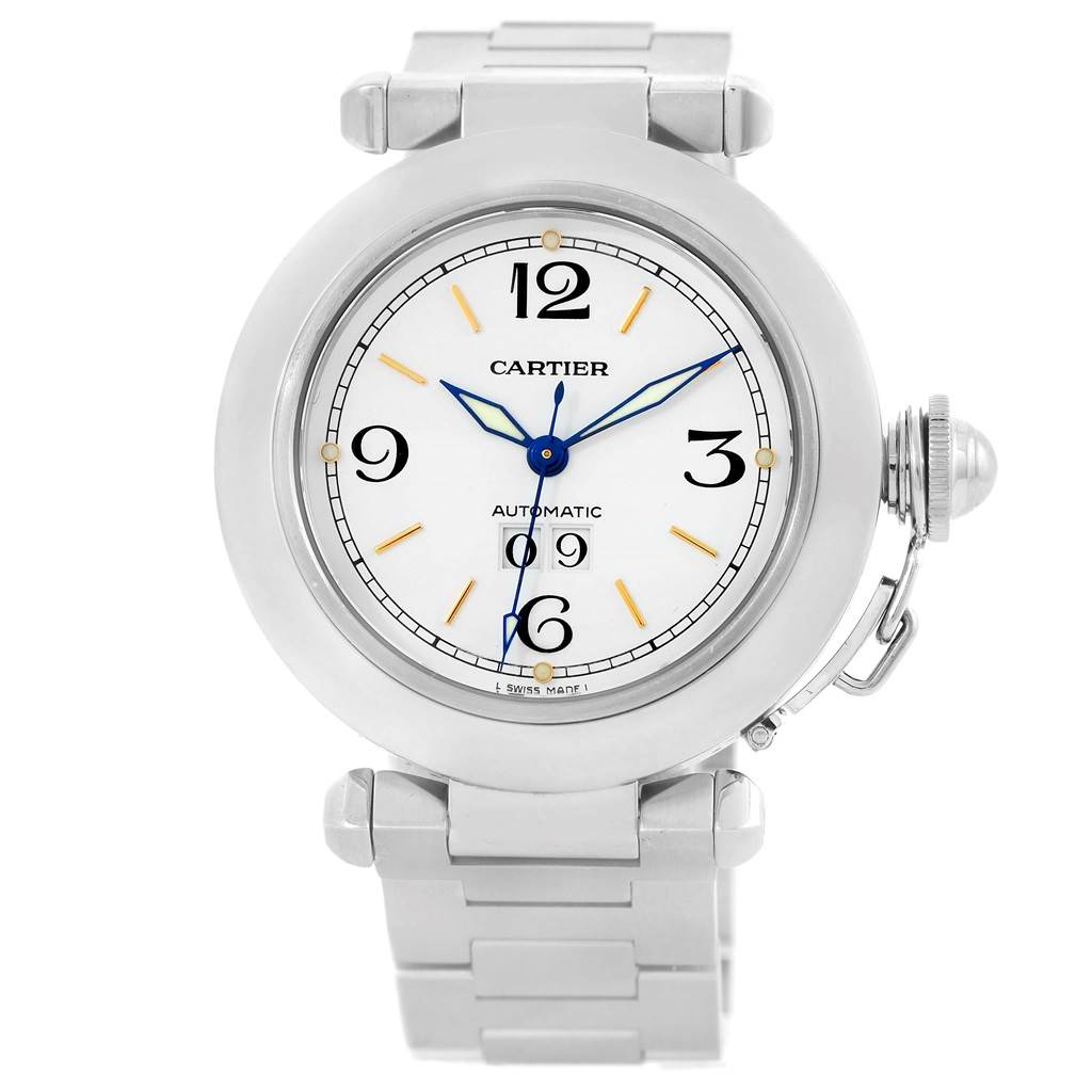 The image shows a front-facing view of a Cartier Pasha W31044M7 Men's Stainless Steel White Dial W31044M7 Men's Stainless Steel White Dial watch, highlighting its dial, hands, and bracelet.