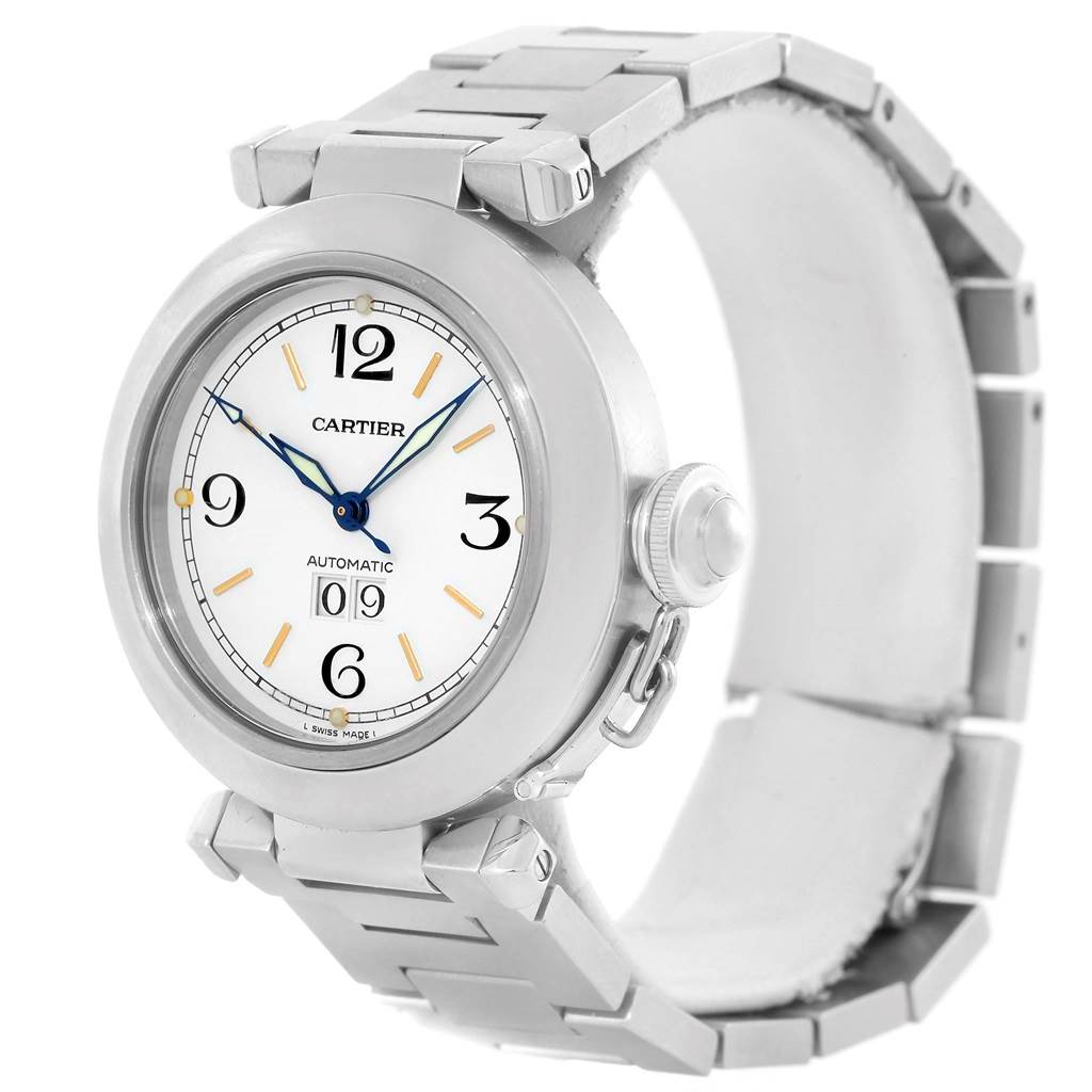 This image shows a frontal view of the Cartier Pasha W31044M7 Men's Stainless Steel White Dial W31044M7 Men's Stainless Steel White Dial watch, highlighting its dial, crown, and metal bracelet.