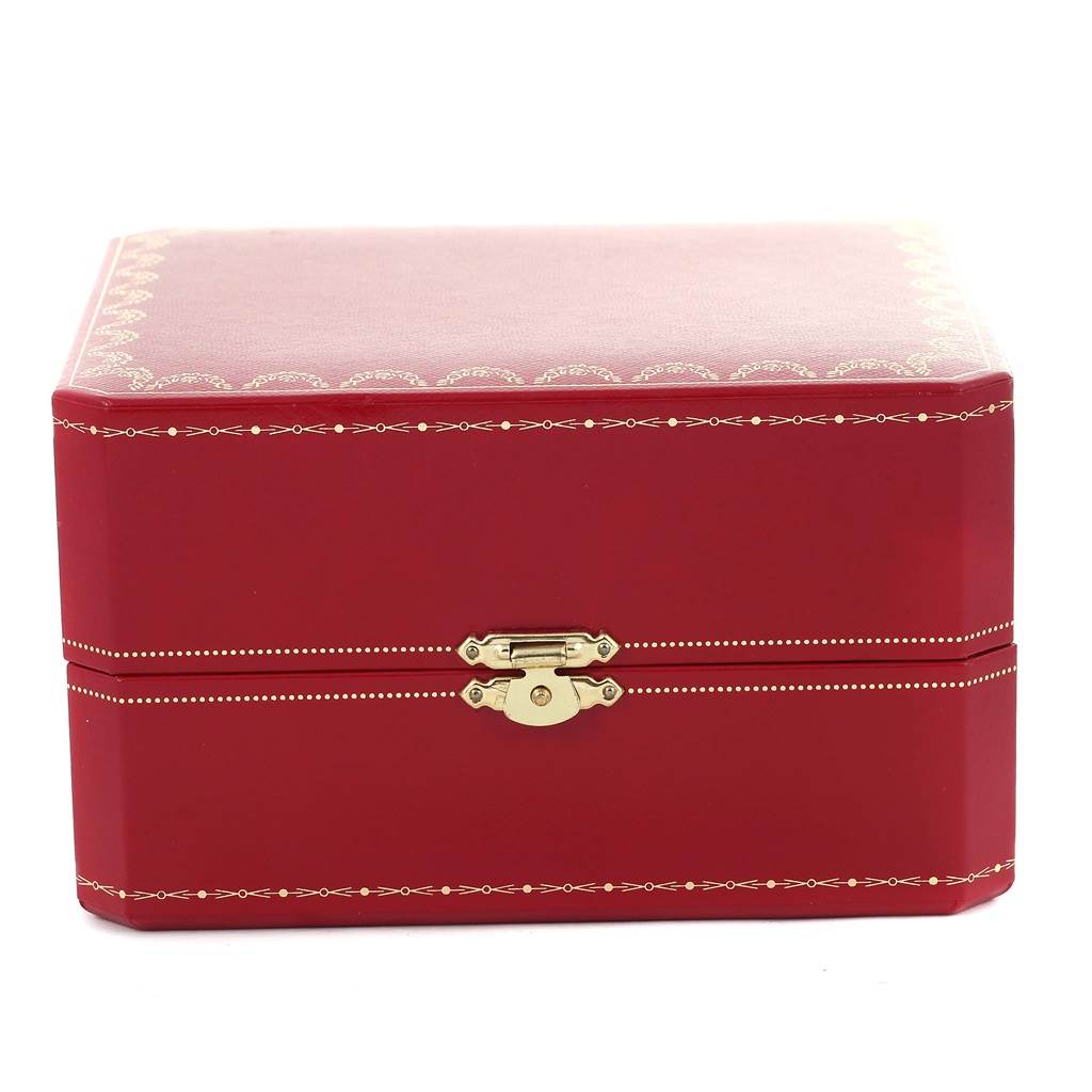 This image shows a closed red box with gold detailing for a Cartier Pasha W31044M7 Men's Stainless Steel White Dial W31044M7 Men's Stainless Steel White Dial model watch, viewed from a front angle.