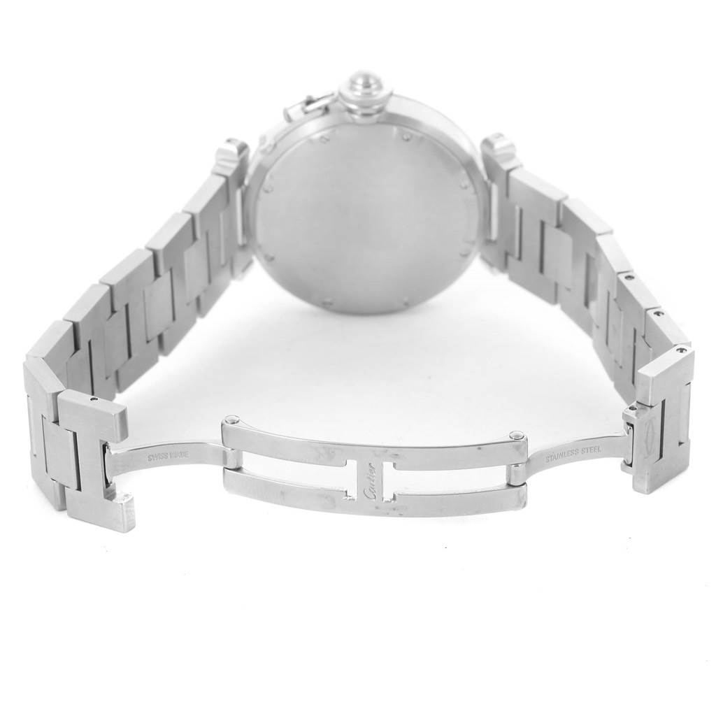 The image shows the back view of a Cartier Pasha W31044M7 Men's Stainless Steel White Dial W31044M7 Men's Stainless Steel White Dial watch with its bracelet fully opened.