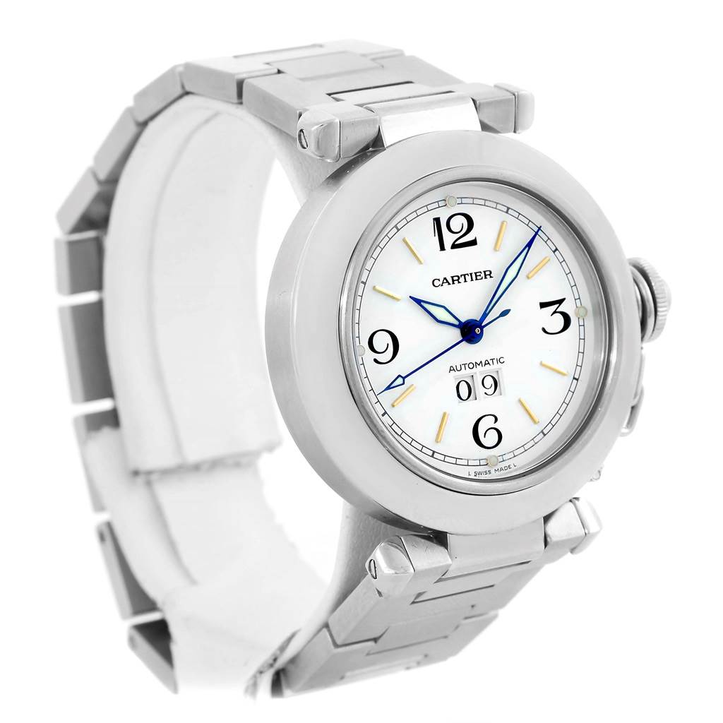 The Cartier Pasha W31044M7 Men's Stainless Steel White Dial W31044M7 Men's Stainless Steel White Dial watch is shown at an angled view, highlighting the face, bezel, crown, and part of the bracelet.