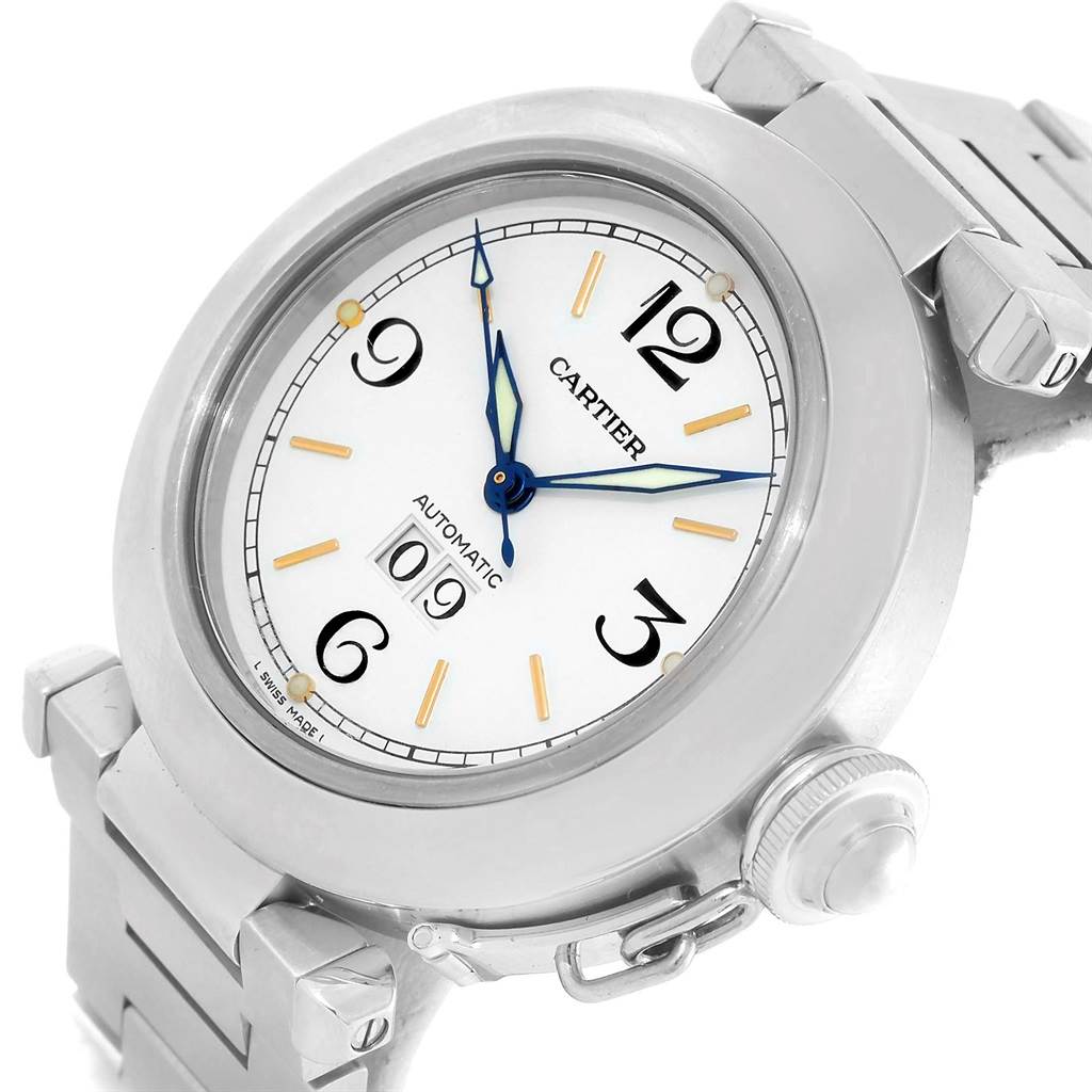 This image shows a close-up angle of the dial and part of the bracelet of the Cartier Pasha W31044M7 Men's Stainless Steel White Dial W31044M7 Men's Stainless Steel White Dial watch.