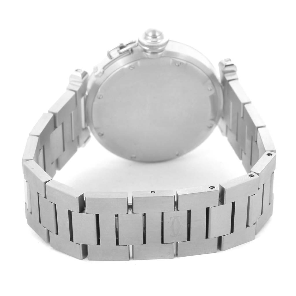 The image shows the back case and metal bracelet of a Cartier Pasha W31044M7 Men's Stainless Steel White Dial W31044M7 Men's Stainless Steel White Dial model watch.