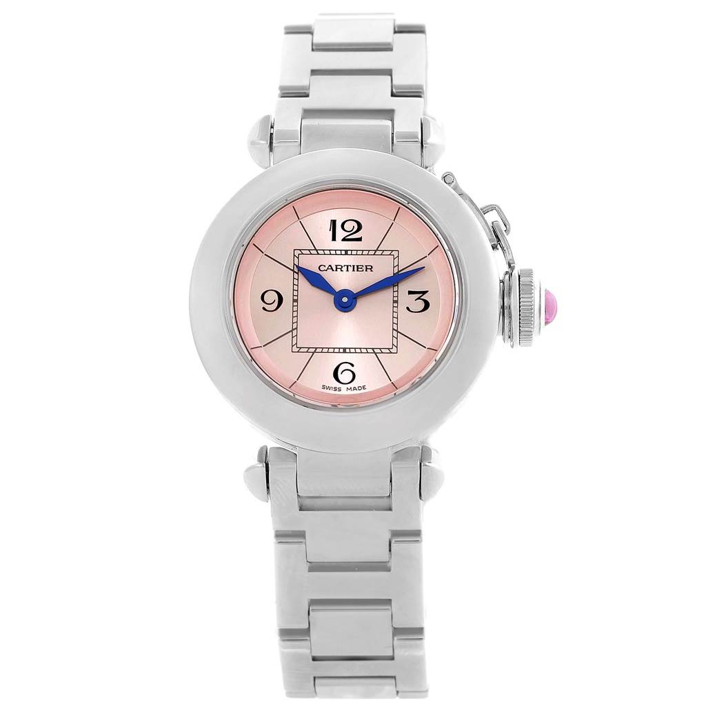 The image shows a front view of the Cartier Pasha W3140008 Women's Stainless Steel Pink Dial W3140008 Women's Stainless Steel Pink Dial watch, displaying its pink dial, blue hands, and metal bracelet.