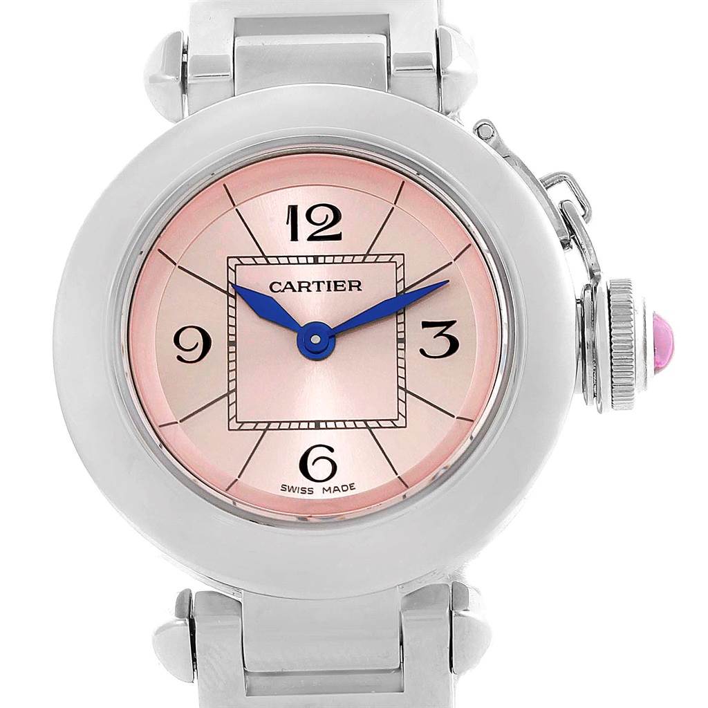This image shows a front view of the Cartier Pasha W3140008 Women's Stainless Steel Pink Dial W3140008 Women's Stainless Steel Pink Dial watch, highlighting the dial, hands, and part of the bracelet.