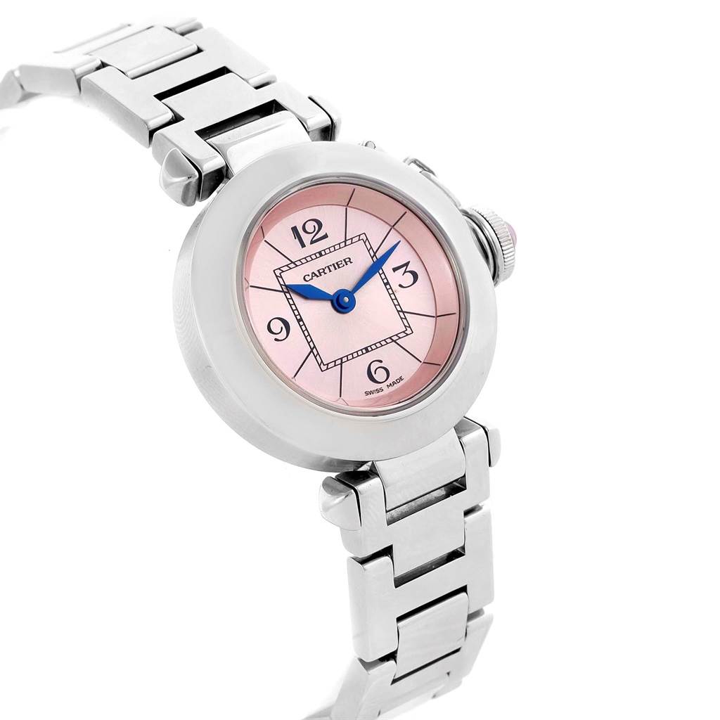 The image shows a Cartier Pasha W3140008 Women's Stainless Steel Pink Dial W3140008 Women's Stainless Steel Pink Dial watch angled from the left side, highlighting its pink dial and stainless steel bracelet.
