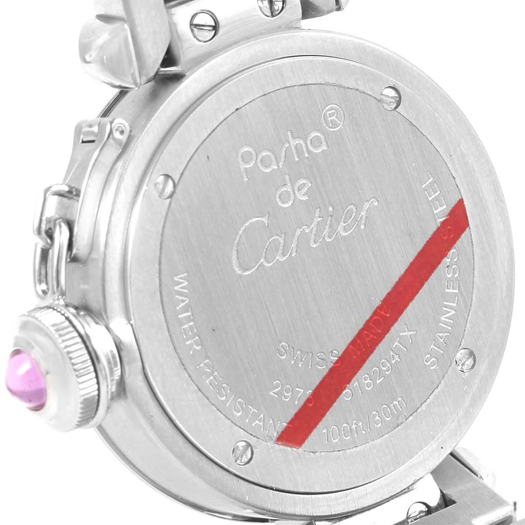 This image shows the back case of a Cartier Pasha W3140008 Women's Stainless Steel Pink Dial W3140008 Women's Stainless Steel Pink Dial watch, highlighting the branding and specifications.
