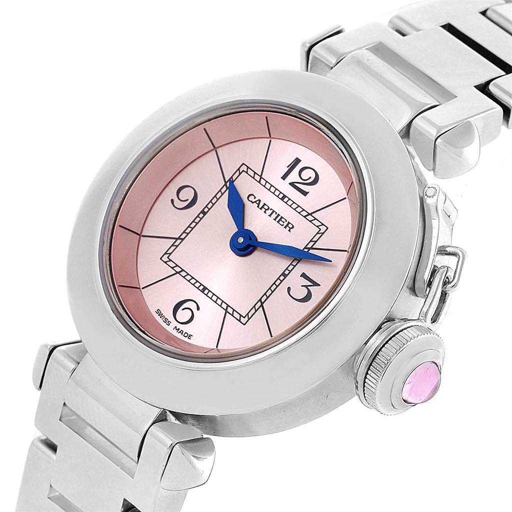 This image shows a Cartier Pasha W3140008 Women's Stainless Steel Pink Dial W3140008 Women's Stainless Steel Pink Dial watch at an angle highlighting the face, crown, and part of the bracelet.