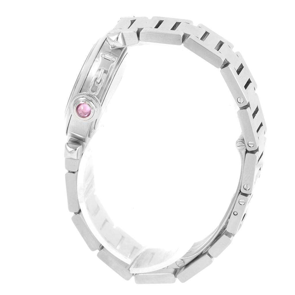This image shows the side view of a Cartier Pasha W3140008 Women's Stainless Steel Pink Dial W3140008 Women's Stainless Steel Pink Dial watch, focusing on the bracelet and the crown with a pink gemstone.