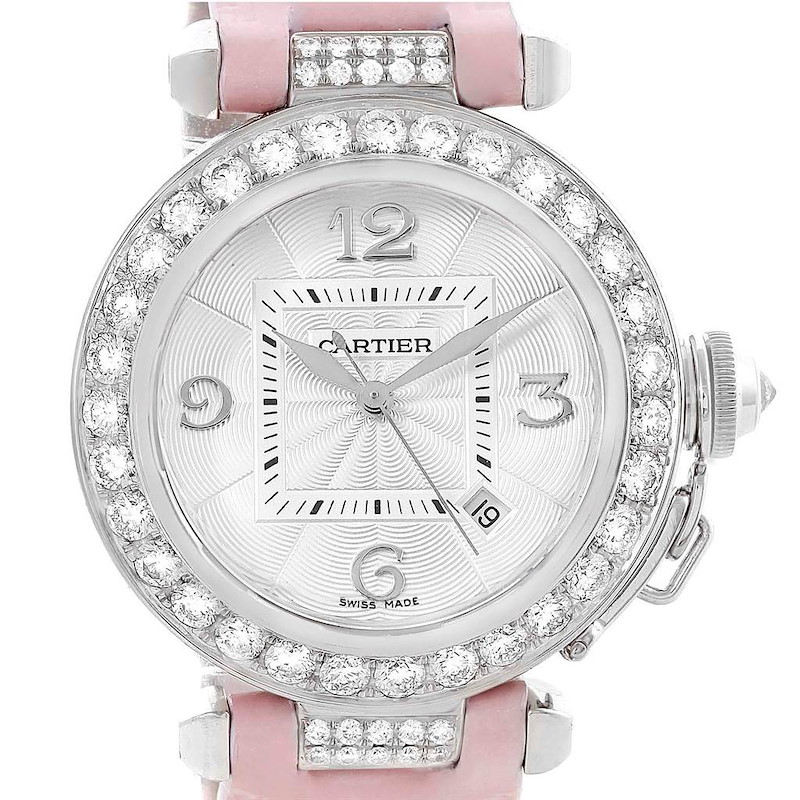 Cartier Pasha 18K White Gold Pink Strap Diamond Ladies Watch WJ116136 Box SwissWatchExpo