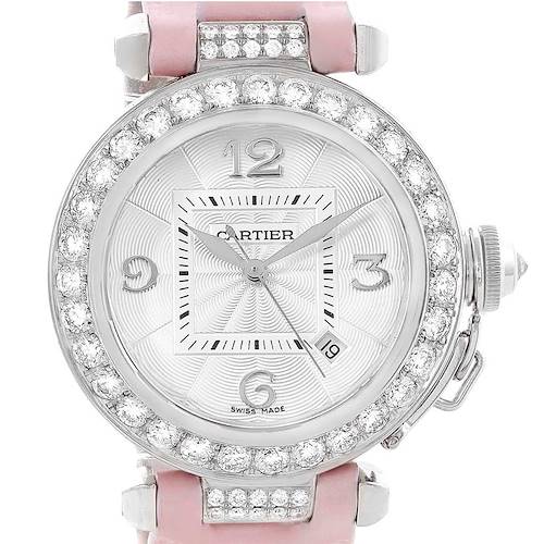 Photo of Cartier Pasha 18K White Gold Pink Strap Diamond Ladies Watch WJ116136 Box