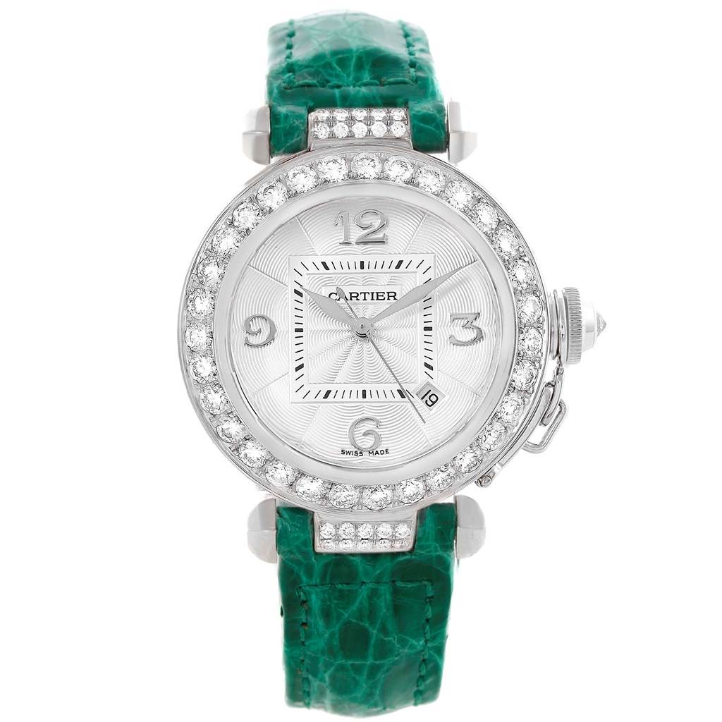 This is a front view of a Cartier Pasha WJ116136 Men's White Gold Silver Dial WJ116136 Men's White Gold Silver Dial watch with a green strap and diamond-encrusted bezel.