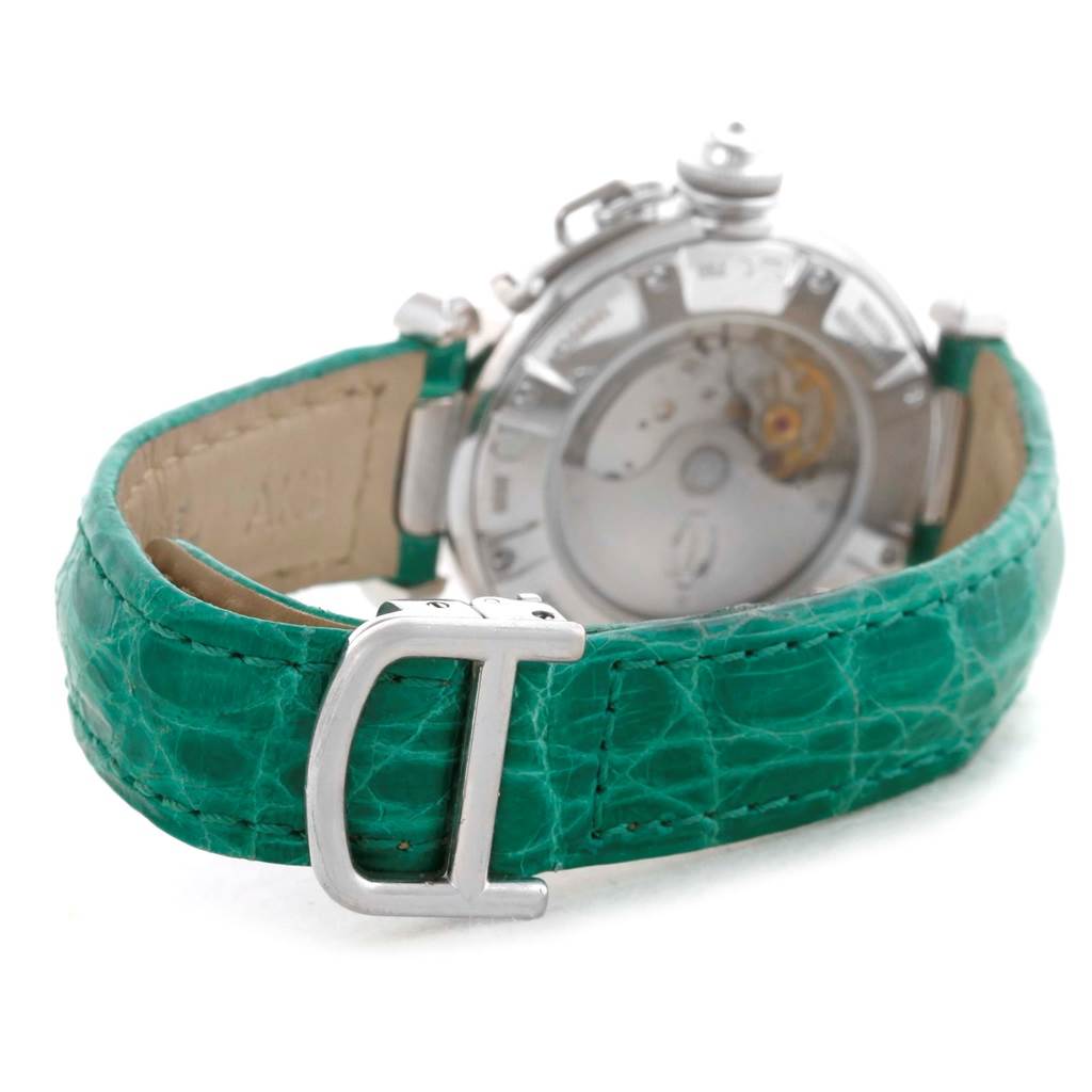 This image shows the back view of a Cartier Pasha WJ116136 Men's White Gold Silver Dial WJ116136 Men's White Gold Silver Dial watch, focusing on the green strap and buckle.