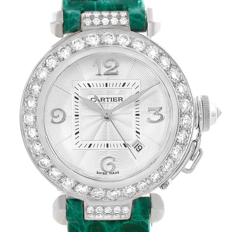 Cartier Pasha White Gold Green Leather Strap Diamond Ladies Watch WJ116136 Box SwissWatchExpo