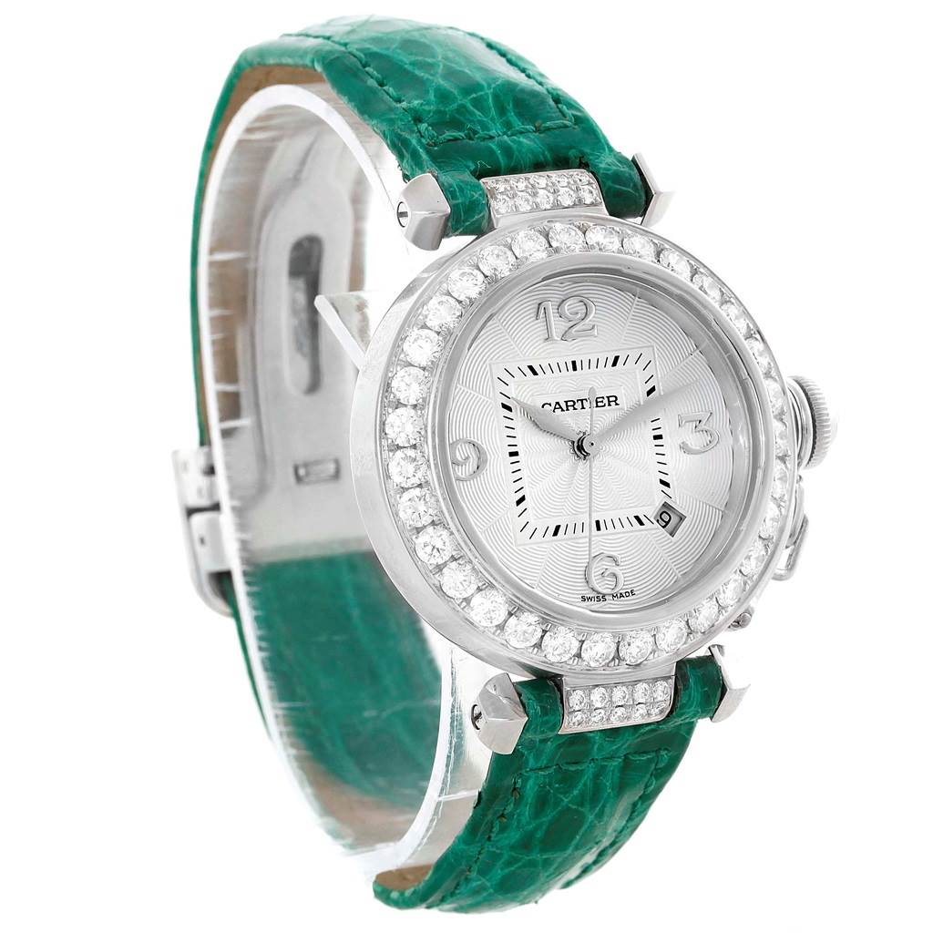 Cartier Pasha White Gold Green Leather Strap Diamond Ladies Watch