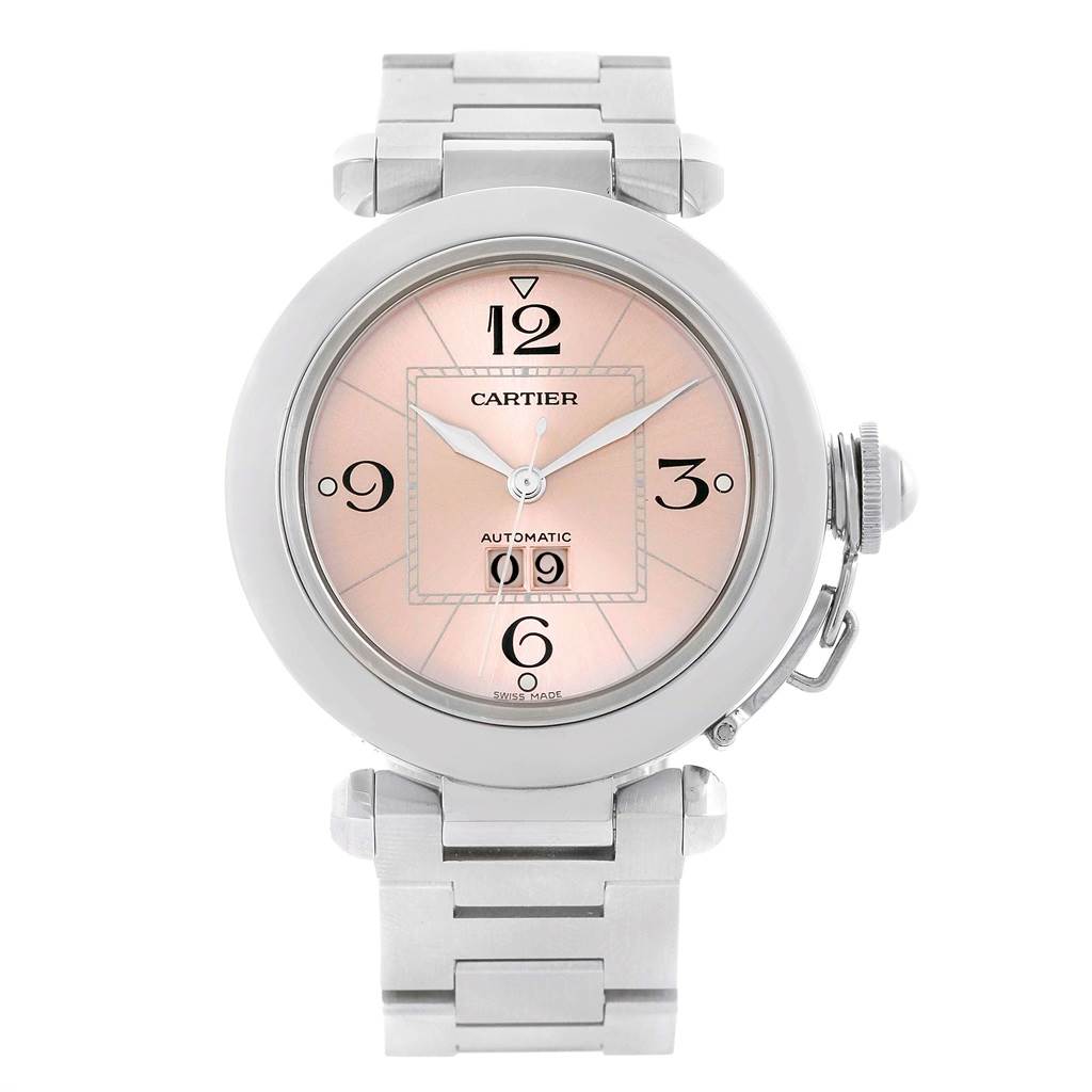 The image shows a frontal view of a Cartier Pasha W31058M7 Women's Stainless Steel Pink Dial W31058M7 Women's Stainless Steel Pink Dial watch, highlighting its dial, hands, and metal bracelet.