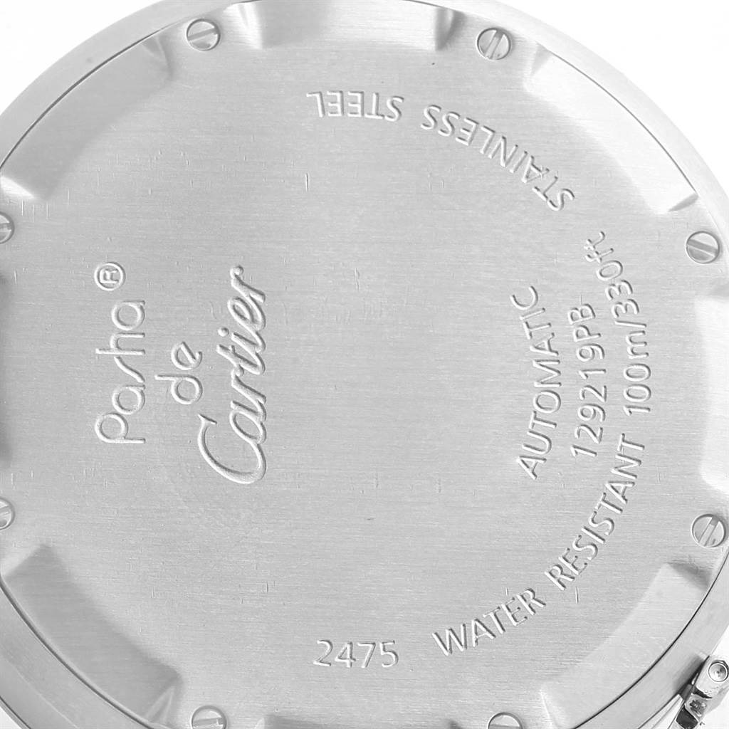 This image shows the back case of a Cartier Pasha W31058M7 Women's Stainless Steel Pink Dial W31058M7 Women's Stainless Steel Pink Dial watch, highlighting details like water resistance and model number.