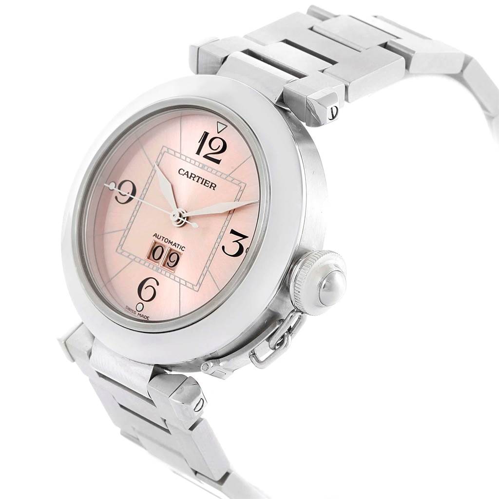 The image shows a Cartier Pasha W31058M7 Women's Stainless Steel Pink Dial W31058M7 Women's Stainless Steel Pink Dial watch at a diagonal angle, highlighting the dial, crown, and stainless steel bracelet.