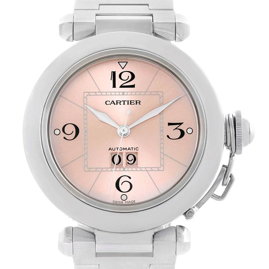 This Cartier Pasha W31058M7 Women's Stainless Steel Pink Dial W31058M7 Women's Stainless Steel Pink Dial model watch is shown from a front angle, displaying its dial, hands, and part of its metal bracelet.