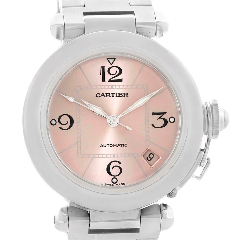 Cartier Pasha C Pink Dial Midsize Steel Ladies Watch W31075M7 SwissWatchExpo