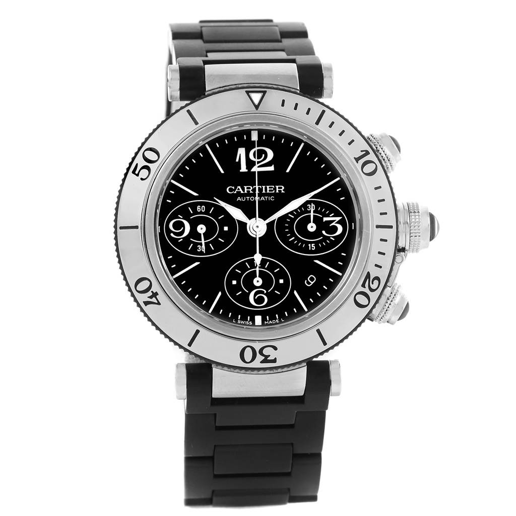 The image shows a front view of a Cartier Pasha W31088U2 Men
s Stainless Steel Black Dial W31088U2 Men
s Stainless Steel Black Dial watch, depicting the face, bezel, and part of the strap.