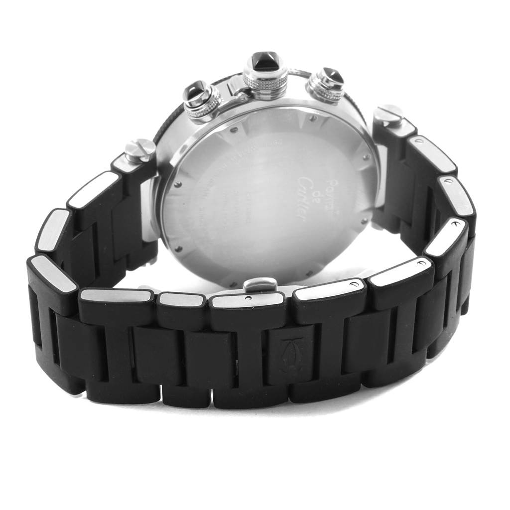The image shows the back and side view of the Cartier Pasha W31088U2 Men
s Stainless Steel Black Dial W31088U2 Men
s Stainless Steel Black Dial watch, highlighting the case back, crown, and black strap.
